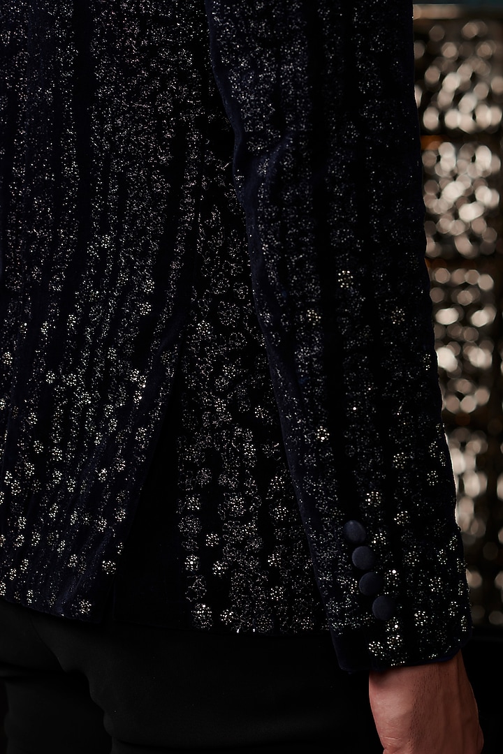 Navy Blue SIlk Velvet Ombre Embroidered Tuxedo Set by Rohit Gandhi & Rahul Khanna Men at Pernia's Pop Up Shop