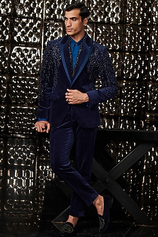 Sapphire Silk Velvet Tuxedo Set by Rohit Gandhi & Rahul Khanna Men