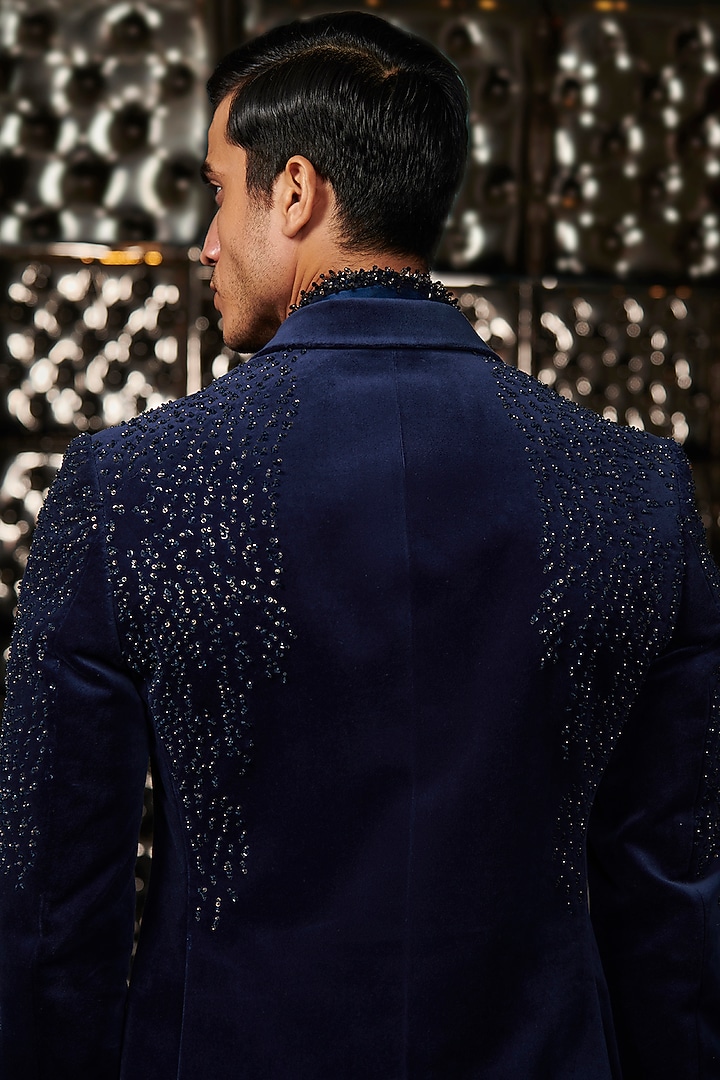 Sapphire Silk Velvet Tuxedo Set by Rohit Gandhi & Rahul Khanna Men at Pernia's Pop Up Shop