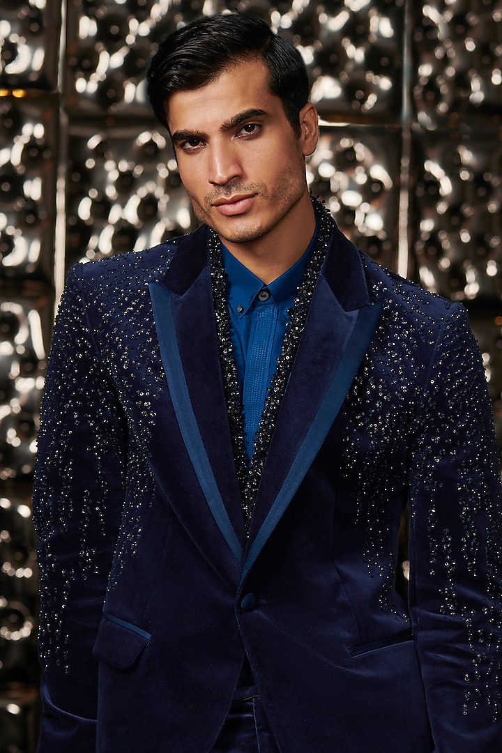 Sapphire Silk Velvet Tuxedo Set by Rohit Gandhi & Rahul Khanna Men at Pernia's Pop Up Shop