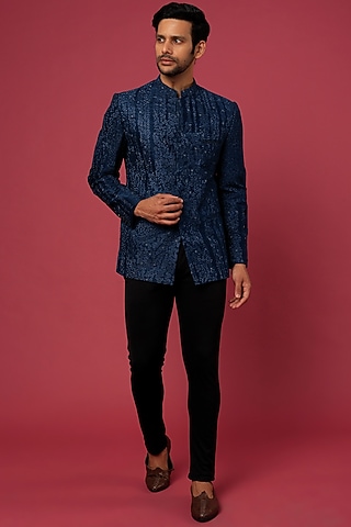 Navy Blue Linen Embroidered Bandhgala Jacket by Rohit Gandhi & Rahul Khanna Men