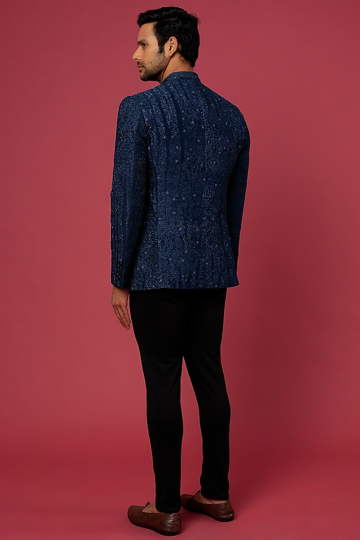 Navy Blue Linen Embroidered Groom Bandhgala Jacket by Rohit Gandhi & Rahul Khanna Men at Pernia's Pop Up Shop