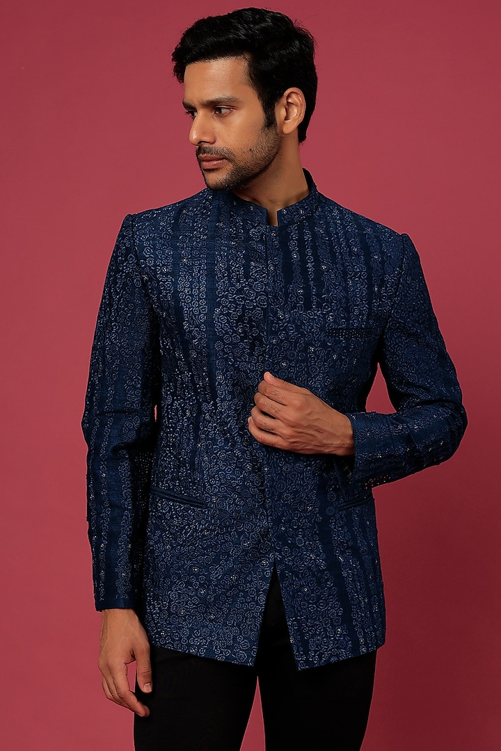 Navy Blue Linen Embroidered Groom Bandhgala Jacket by Rohit Gandhi & Rahul Khanna Men at Pernia's Pop Up Shop