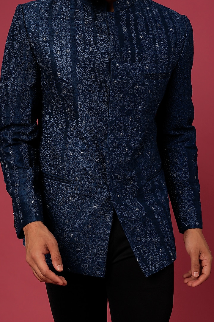 Navy Blue Linen Embroidered Groom Bandhgala Jacket by Rohit Gandhi & Rahul Khanna Men at Pernia's Pop Up Shop