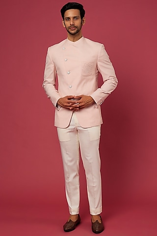 Baby Pink Embroidered Bandhgala Jacket by Rohit Gandhi & Rahul Khanna Men