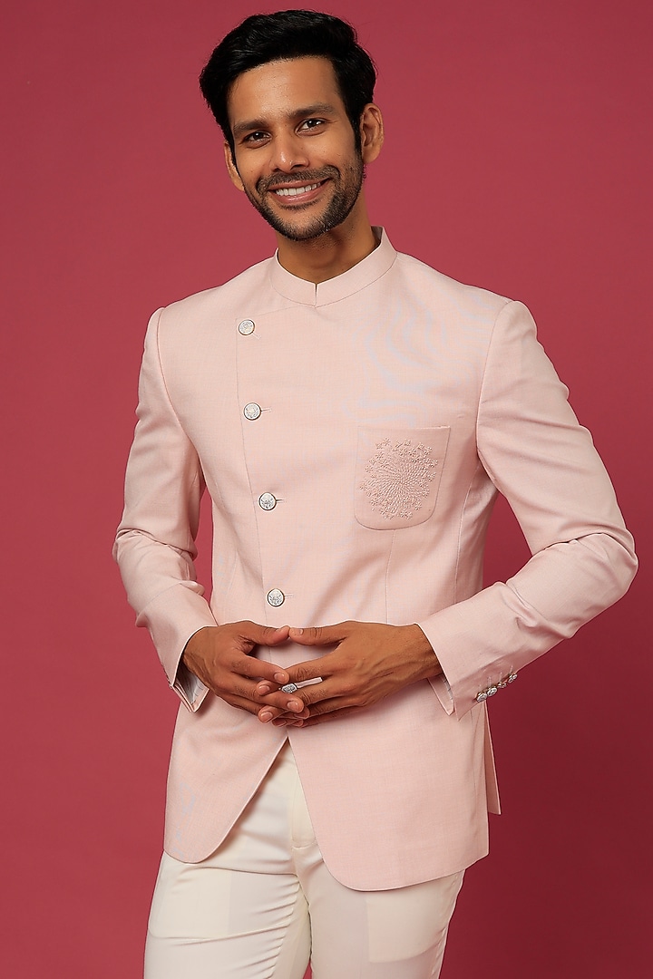 Baby Pink Embroidered Wedding Bandhgala Jacket by Rohit Gandhi & Rahul Khanna Men at Pernia's Pop Up Shop