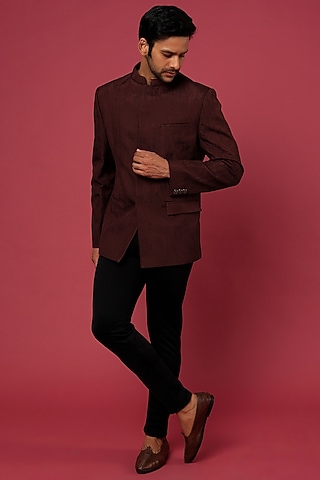 Maroon Linen Embroidered Bandhgala Jacket by Rohit Gandhi & Rahul Khanna Men
