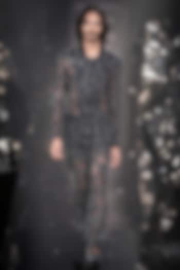 French Navy Tulle Metallic Embroidered Jacket Set by Rohit Gandhi & Rahul Khanna Men at Pernia's Pop Up Shop