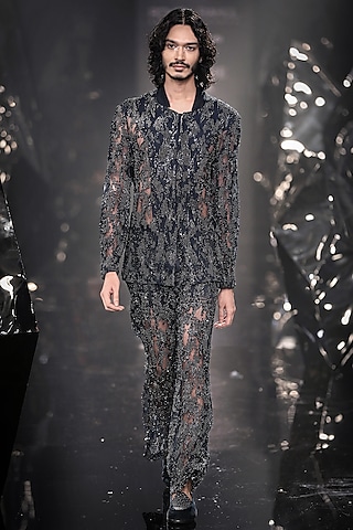 French Navy Tulle Metallic Embroidered Jacket Set by Rohit Gandhi & Rahul Khanna Men