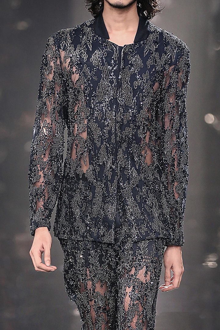 French Navy Tulle Metallic Embroidered Jacket Set by Rohit Gandhi & Rahul Khanna Men at Pernia's Pop Up Shop