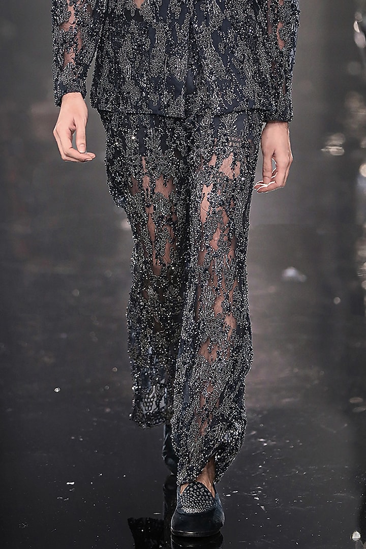 French Navy Tulle Metallic Embroidered Jacket Set by Rohit Gandhi & Rahul Khanna Men at Pernia's Pop Up Shop