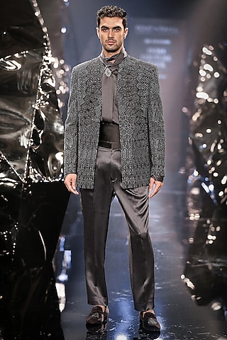 Steel Grey Silk Dupion Metallic Embroidered Bandhgala Set by Rohit Gandhi & Rahul Khanna Men