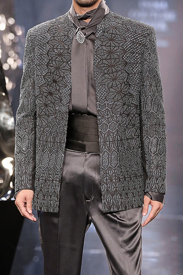 Steel Grey Silk Dupion Metallic Embroidered Groom Bandhgala Set by Rohit Gandhi & Rahul Khanna Men at Pernia's Pop Up Shop