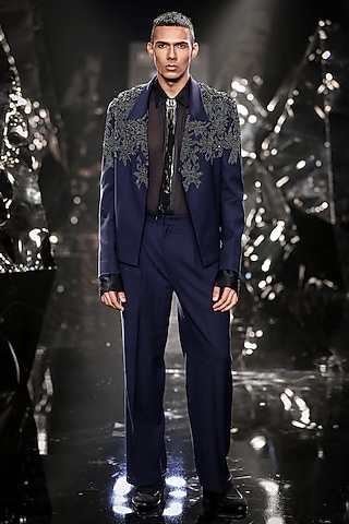 Pacific Blue Wool Crepe Hand Embroidered Jacket Set by Rohit Gandhi & Rahul Khanna Men