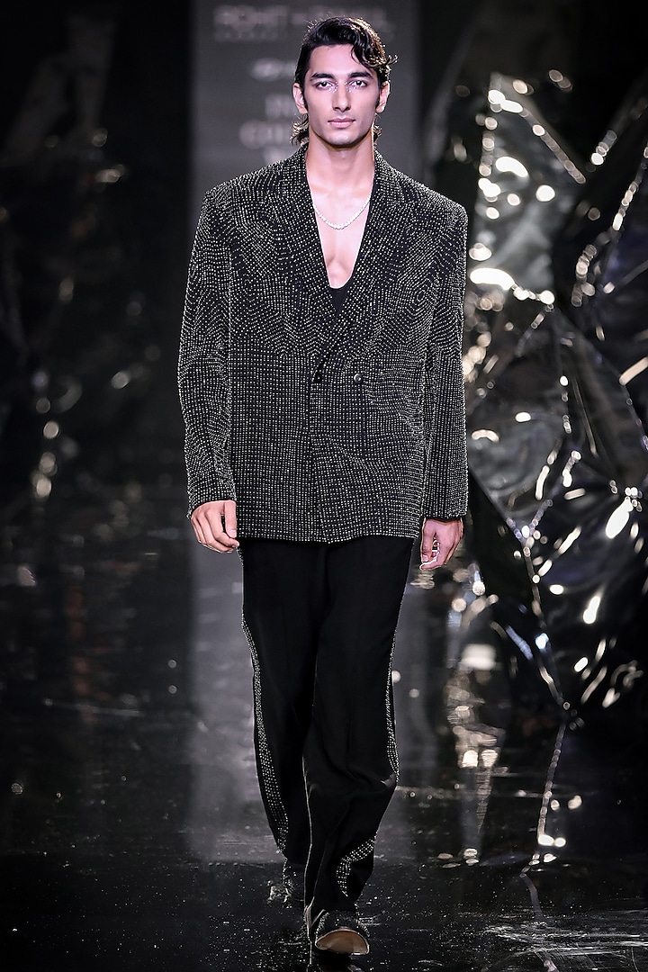 Black Crepe Crystal Embroidered Oversized Double Breasted Jacket  by Rohit Gandhi & Rahul Khanna Men