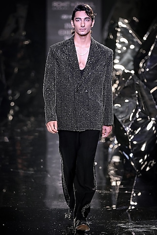 Black Crepe Crystal Embroidered Oversized Double Breasted Jacket  by Rohit Gandhi & Rahul Khanna Men