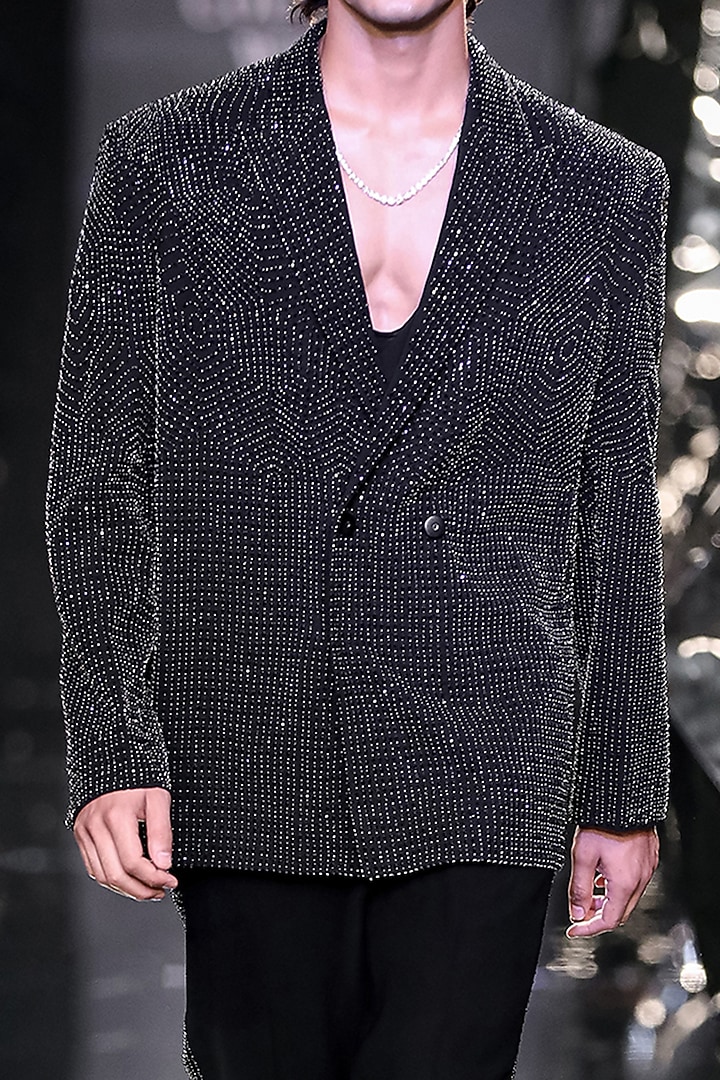 Black Crepe Crystal Embroidered Oversized Double Breasted Jacket  by Rohit Gandhi & Rahul Khanna Men at Pernia's Pop Up Shop