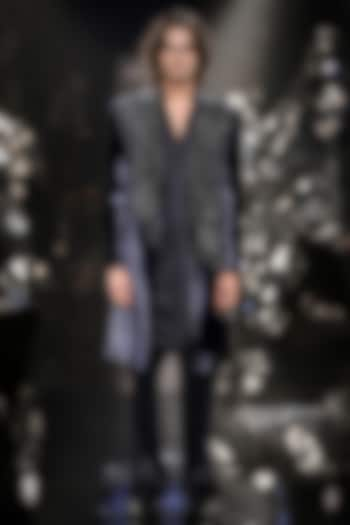 Pacific Blue Silk Velvet Crystal Embroidered Long Jacket by Rohit Gandhi & Rahul Khanna Men