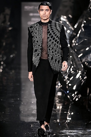 Black Crepe Embellished Bandhgala Set by Rohit Gandhi & Rahul Khanna Men