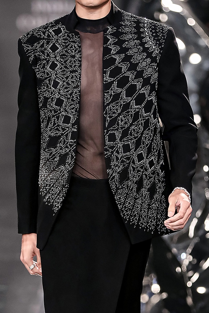 Black Crepe Embellished Groom Bandhgala Set by Rohit Gandhi & Rahul Khanna Men at Pernia's Pop Up Shop