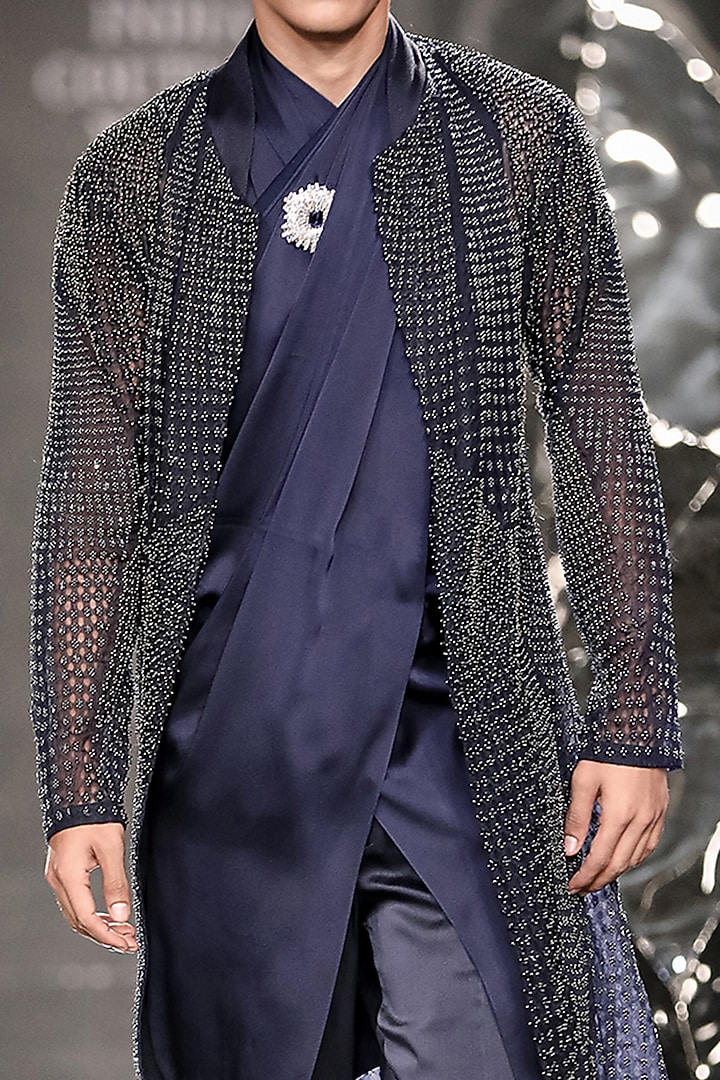 Pacific Blue Silk Organza & Tulle Crystal Embroidered Jacket  by Rohit Gandhi & Rahul Khanna Men at Pernia's Pop Up Shop