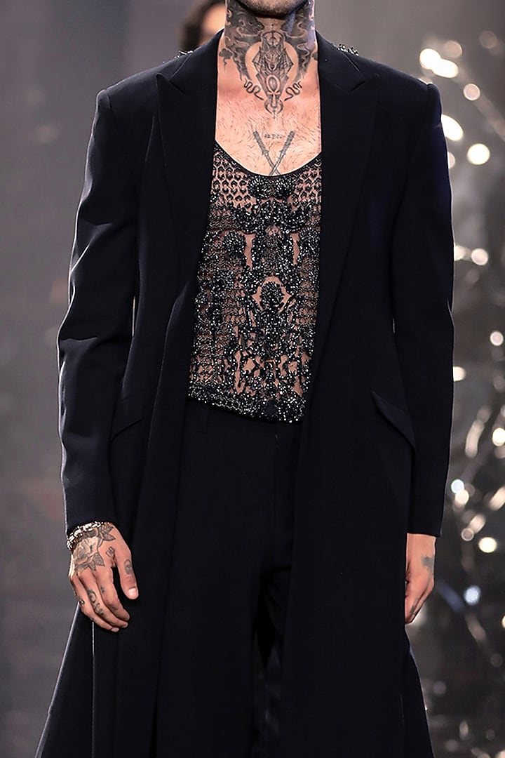 French Navy Crepe Floral Embroidered Long Jacket by Rohit Gandhi & Rahul Khanna Men at Pernia's Pop Up Shop