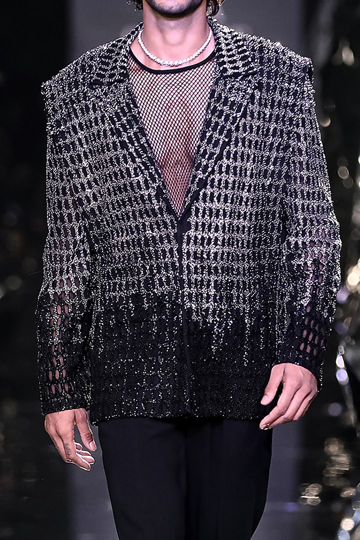 Black Organza & Tulle Crystal Embroidered Jacket by Rohit Gandhi & Rahul Khanna Men at Pernia's Pop Up Shop