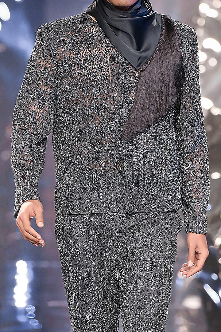 Steel Grey Tulle Thread Embroidered Jacket by Rohit Gandhi & Rahul Khanna Men at Pernia's Pop Up Shop