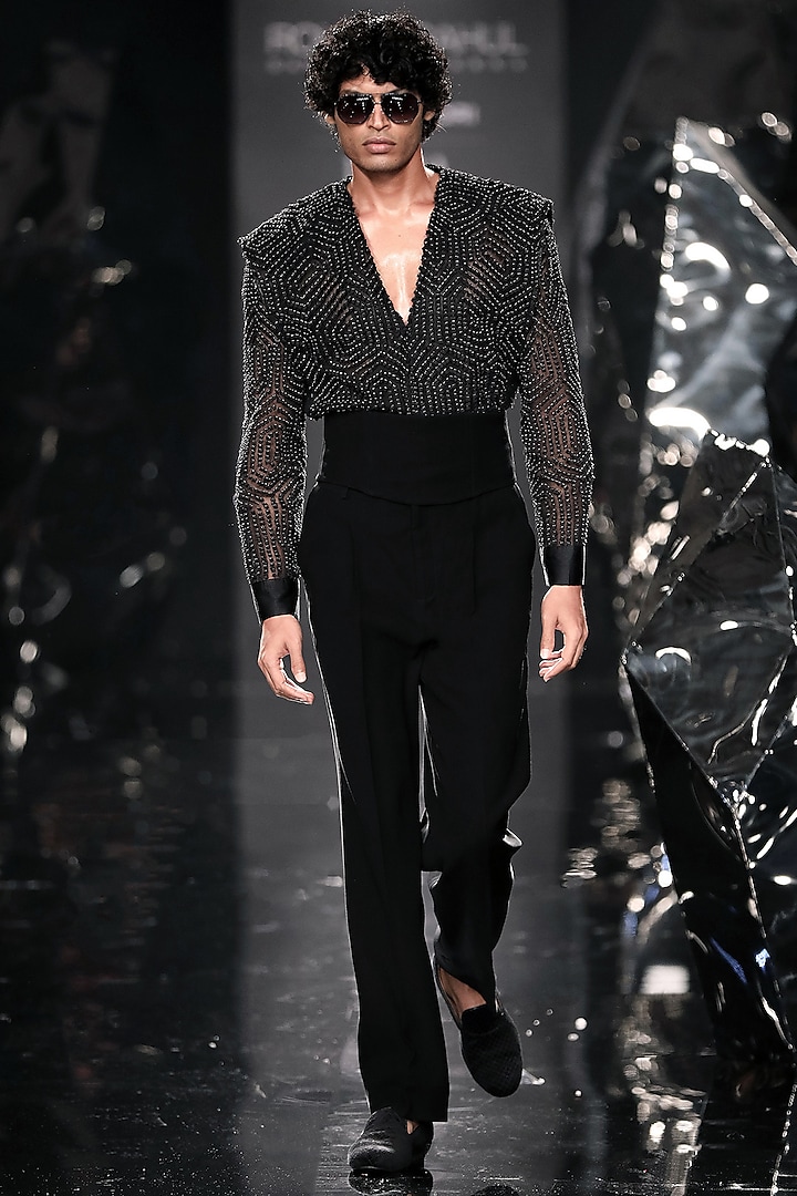 Black Hard Net & Silk Organza Embroidered Jacket by Rohit Gandhi & Rahul Khanna Men