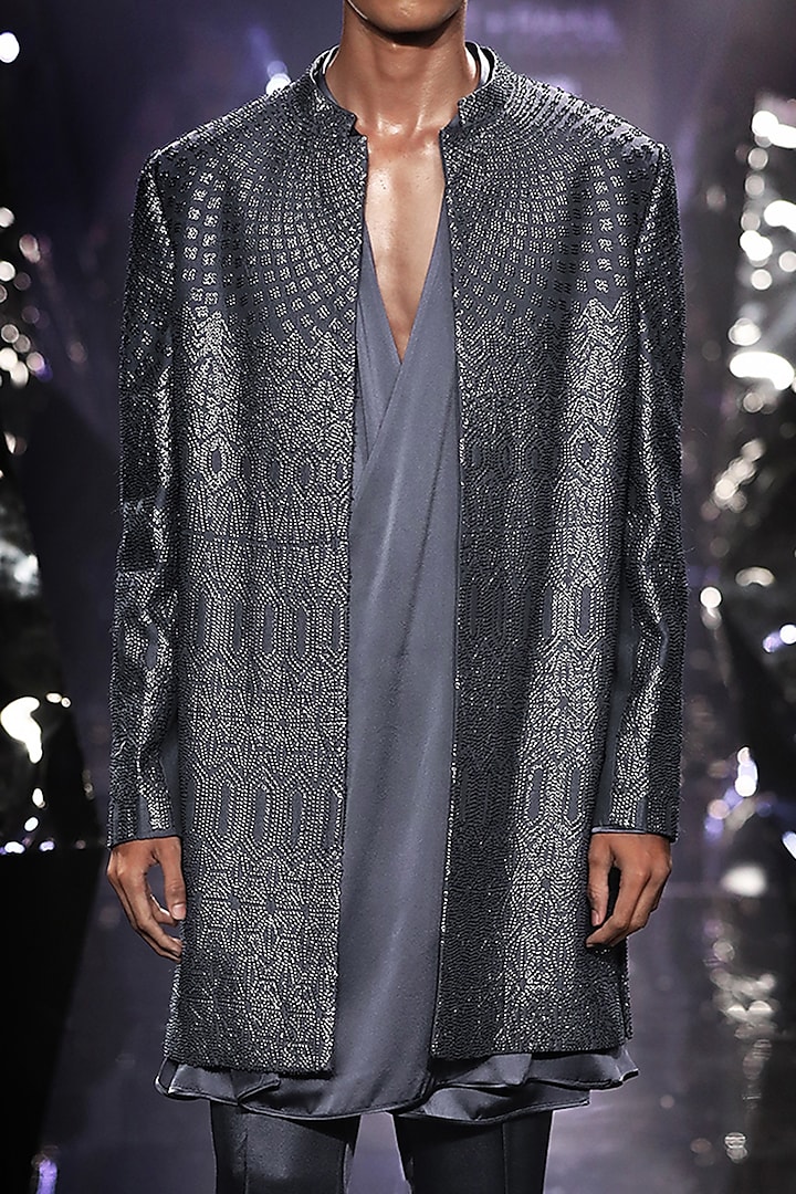 Slate Blue Silk Dupion Sequins Embroidered Groom Sherwani by Rohit Gandhi & Rahul Khanna Men at Pernia's Pop Up Shop