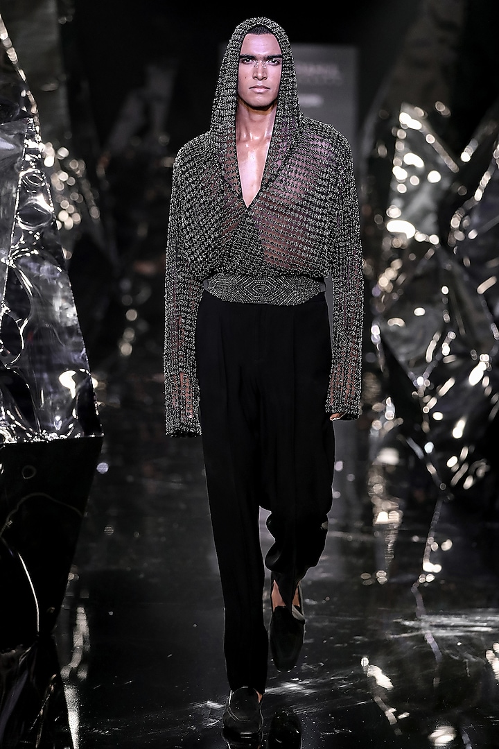 Black Tulle Metallic Embroidered Hooded Wrap Shirt by Rohit Gandhi & Rahul Khanna Men