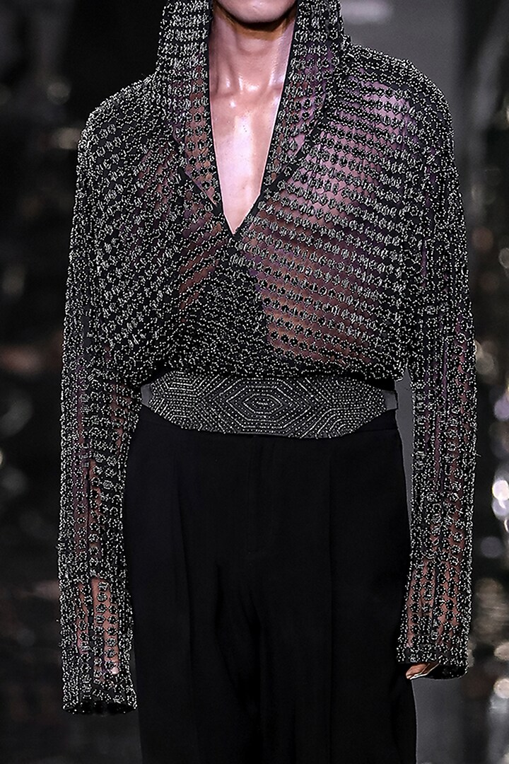 Black Tulle Metallic Embroidered Hooded Wrap Wedding Shirt by Rohit Gandhi & Rahul Khanna Men at Pernia's Pop Up Shop