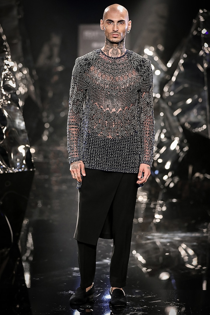 Pacific Blue Tulle Crystal Embroidered Shirt by Rohit Gandhi & Rahul Khanna Men