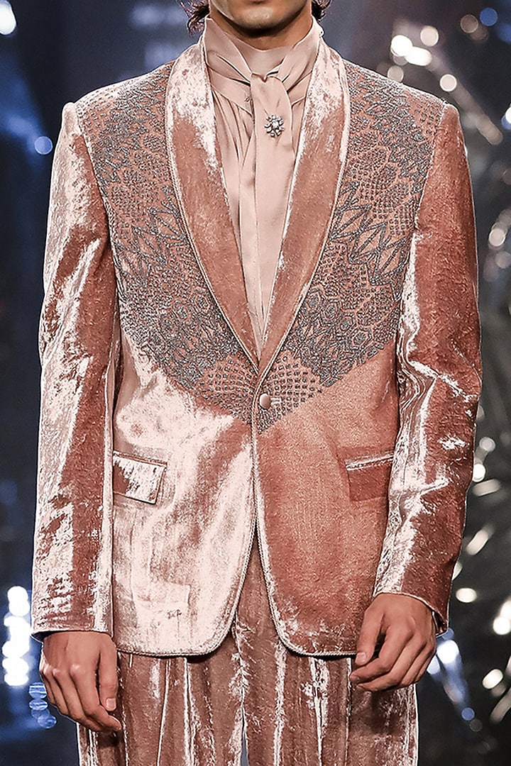 Gold Stone Silk Velvet Metallic Bead Embroidered Tuxedo Set by Rohit Gandhi & Rahul Khanna Men at Pernia's Pop Up Shop