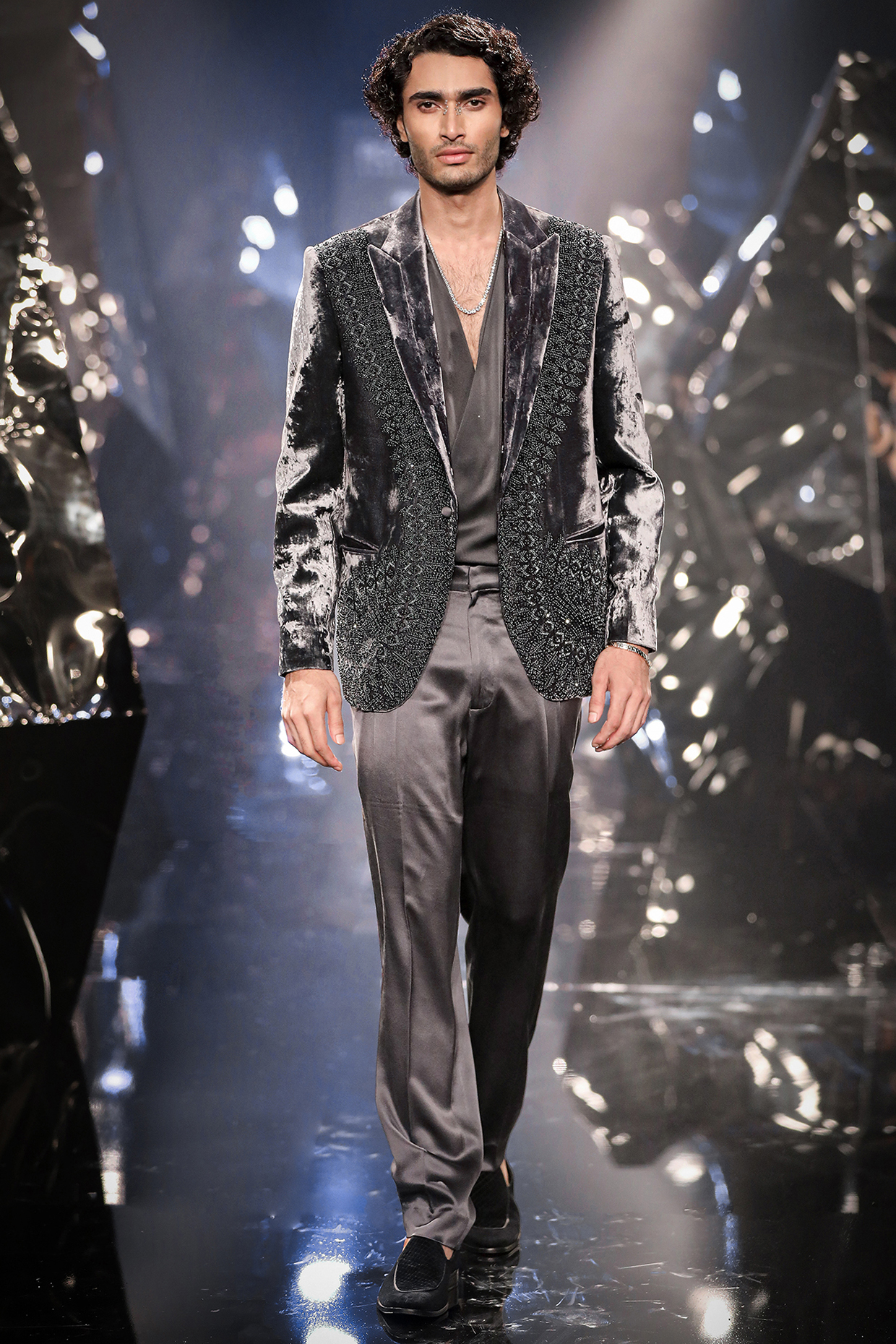 Steel Grey Silk Velvet Metallic Bead Embroidered Tuxedo Set by Rohit Gandhi & Rahul Khanna Men