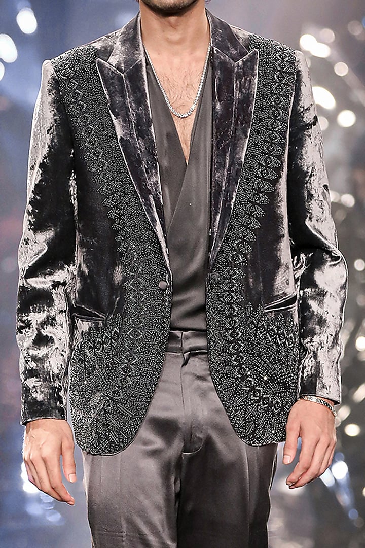 Steel Grey Silk Velvet Metallic Bead Embroidered Tuxedo Set by Rohit Gandhi & Rahul Khanna Men at Pernia's Pop Up Shop