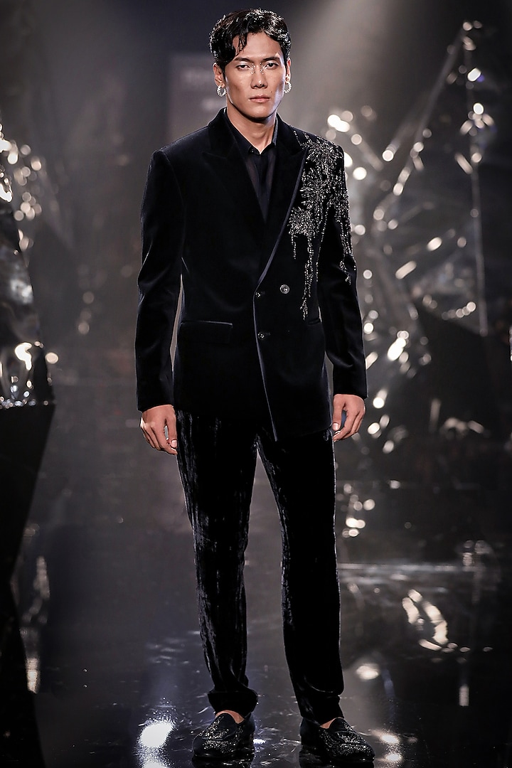 French Navy Silk Velvet Metallic Bead Embroidered Tuxedo Set by Rohit Gandhi & Rahul Khanna Men at Pernia's Pop Up Shop