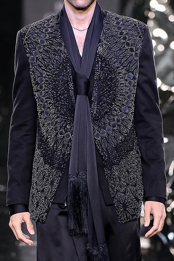 Black Crepe Bead Embroidered Layered Tuxedo Set by Rohit Gandhi & Rahul Khanna Men at Pernia's Pop Up Shop