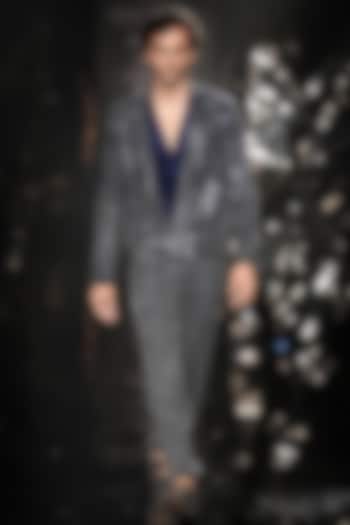 Pacific Blue Georgette Metallic Sequins Embroidered Jacket by Rohit Gandhi & Rahul Khanna Men