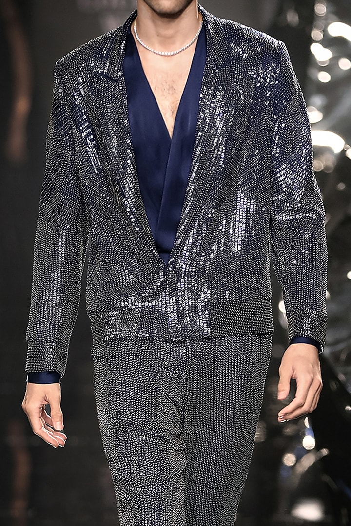 Pacific Blue Georgette Metallic Sequins Embroidered Jacket by Rohit Gandhi & Rahul Khanna Men at Pernia's Pop Up Shop