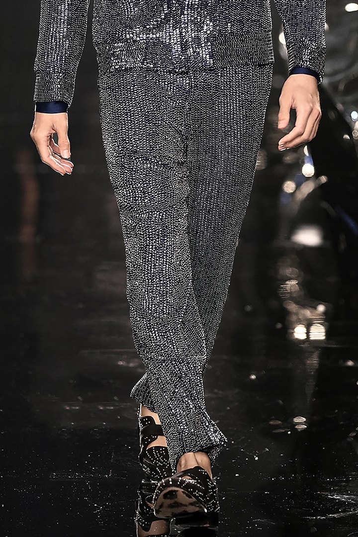 Pacific Blue Georgette Metallic Sequins Embroidered Jacket by Rohit Gandhi & Rahul Khanna Men at Pernia's Pop Up Shop