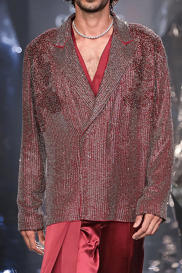 Garnet Georgette Metallic Sequin Embroidered Jacket by Rohit Gandhi & Rahul Khanna Men at Pernia's Pop Up Shop
