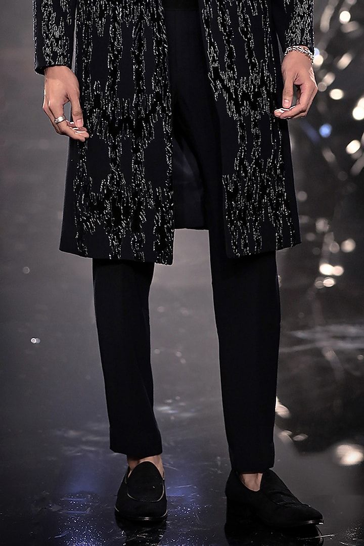 French Navy Crepe Metallic Embroidered Long Jacket Set by Rohit Gandhi & Rahul Khanna Men at Pernia's Pop Up Shop
