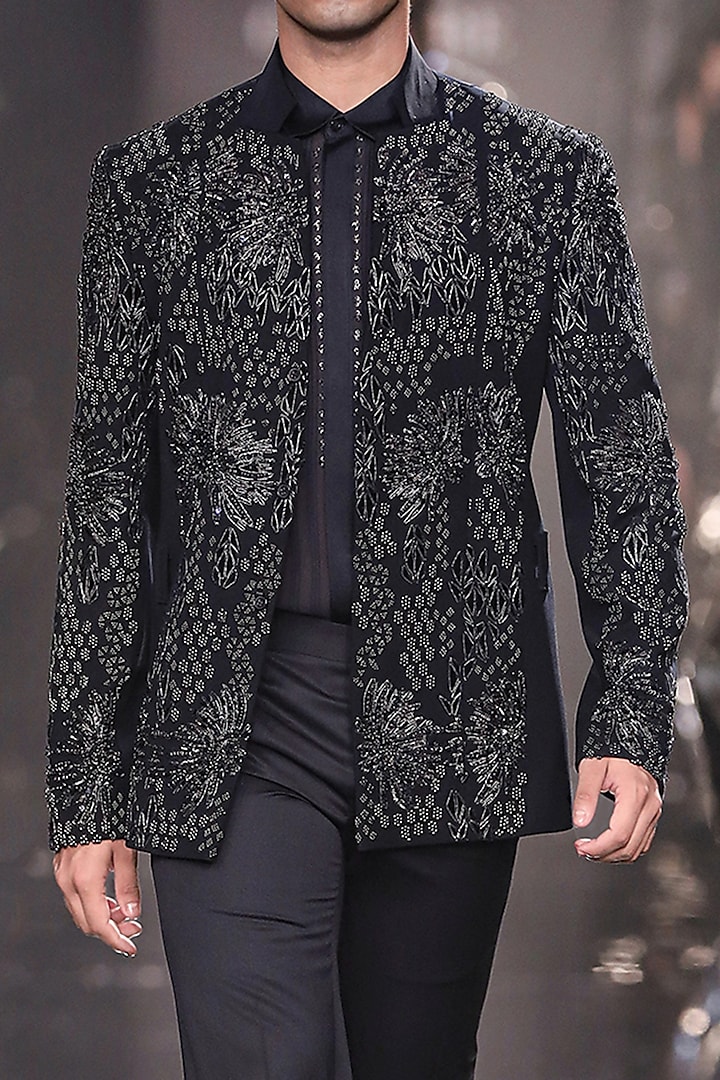 French Navy Crepe Metallic Embroidered Bomber Jacket Set by Rohit Gandhi & Rahul Khanna Men at Pernia's Pop Up Shop