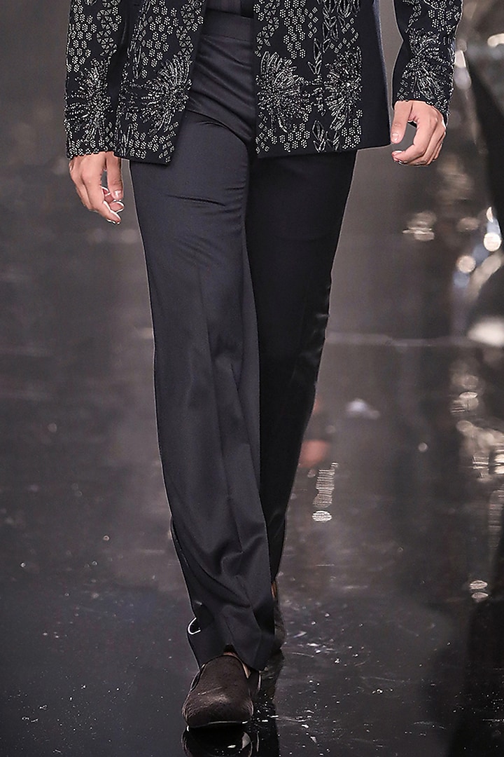 French Navy Crepe Metallic Embroidered Bomber Jacket Set by Rohit Gandhi & Rahul Khanna Men at Pernia's Pop Up Shop