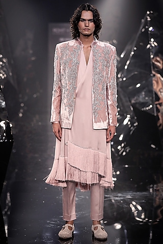 Sandstone Silk Velvet Sequins Embroidered Bandhgala Set by Rohit Gandhi & Rahul Khanna Men