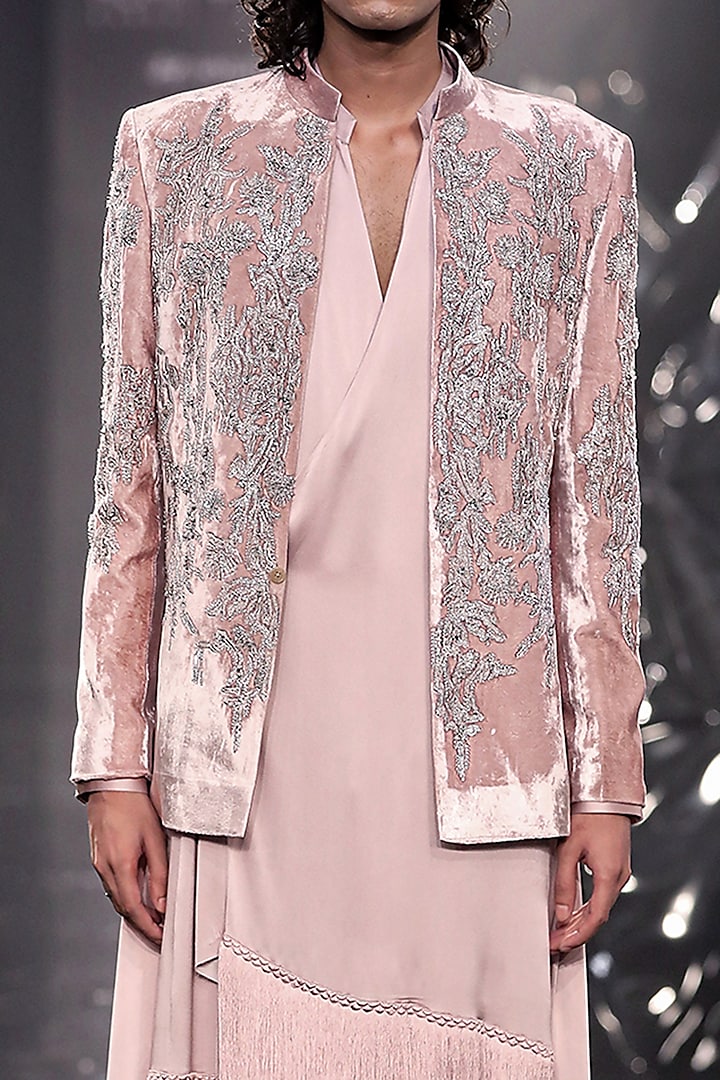Sandstone Silk Velvet Sequins Embroidered Groom Bandhgala Set by Rohit Gandhi & Rahul Khanna Men at Pernia's Pop Up Shop