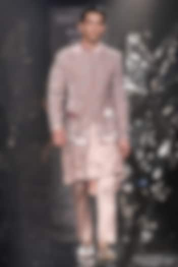 Sandstone Silk Velvet Sequins Embroidered Bandhgala Set by Rohit Gandhi & Rahul Khanna Men