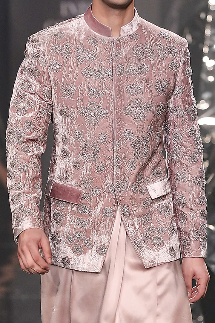 Sandstone Silk Velvet Sequins Embroidered Groom Bandhgala Set by Rohit Gandhi & Rahul Khanna Men at Pernia's Pop Up Shop