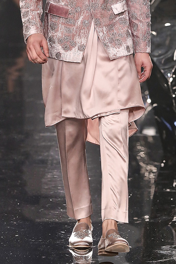 Sandstone Silk Velvet Sequins Embroidered Groom Bandhgala Set by Rohit Gandhi & Rahul Khanna Men at Pernia's Pop Up Shop